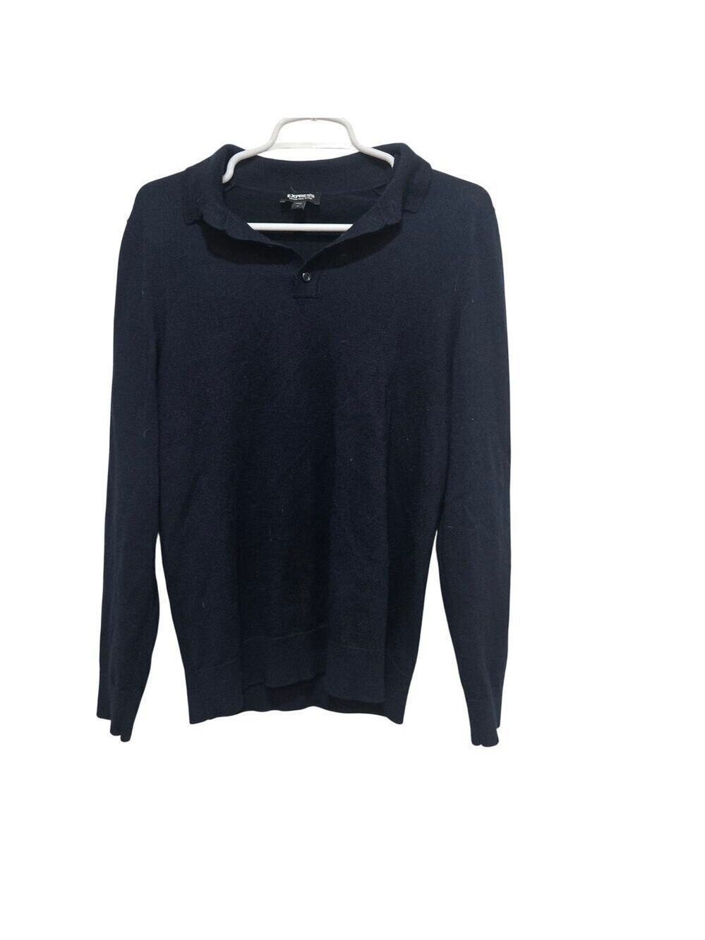 Express Merino Wool Blend Long Sleeve Polo Sweater Navy Blue Small
